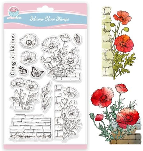 GLOBLELAND Klare Stempel Mit Mohnblumen Blumen Schmetterlingen Silikon Klarstempel Siegel Wand Transparentstempel Für DIY Scrapbooking Karten Erstellen von Fotoalben Journalen