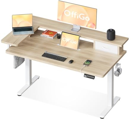 OffiGo Mesa Escritorio Elevable, 120x60 cm Escritorio Electrico con L Forma Soporte para Monitor, Standing Desk con Cajón, Ergonómica Mesa Regulable Altura con Puerto USB, Beige