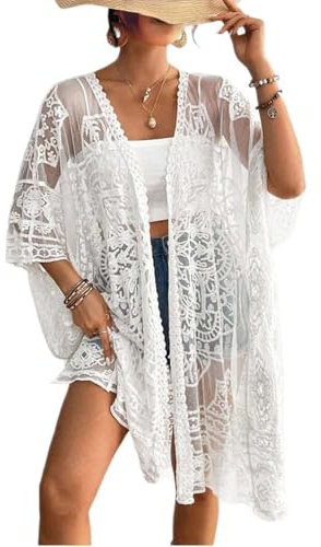 Qianderer Kimono da donna in pizzo, copricostume estivo da spiaggia, copricostume, copricostume da bagno, maniche a 3/4, aperto sul davanti, maglia in pura rete, cardigan kimono all'uncinetto, taglia