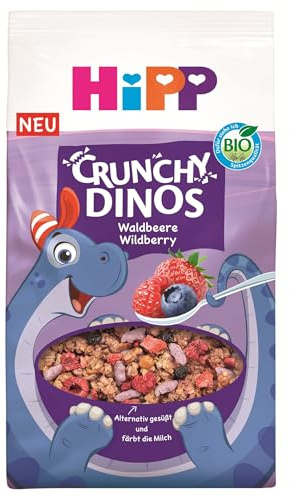 HiPP Bio Crunchy Dinos Waldbeere Müesli (5 x 300g), Kinder Frühstücksmüsli, Knuspermüsli mit gefriergetrockneten Wald- und Erdbeeren, mit Tapiokasirup gesüßt, ab 3 Jahren