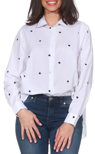 Sublevel Damen Langarm Bluse Loose Fit LSL-507 bestickte Hemdbluse mit Herzen Dark Blue Design 01 L