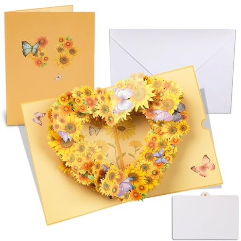 Cheynn Pop-Up Blumen Karte, Exquisite 3D Geschenkkarte Herz Sonnenblume Geburtstagskarte mit Umschlag Pop Up Hochzeitskarte für Frau Mutter Partnerin Mädchen Muttertag Geburtstage Hochzeit Jubiläen