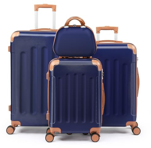 LEADZM Kofferset 4 teilig Hartschale (Navy-Braun) | Koffer Set aus ABS, Reisekoffer mit Rollen Groß, Hartschalenkoffer Set, Koffer & Trolleys mit Kosmetikkoffer