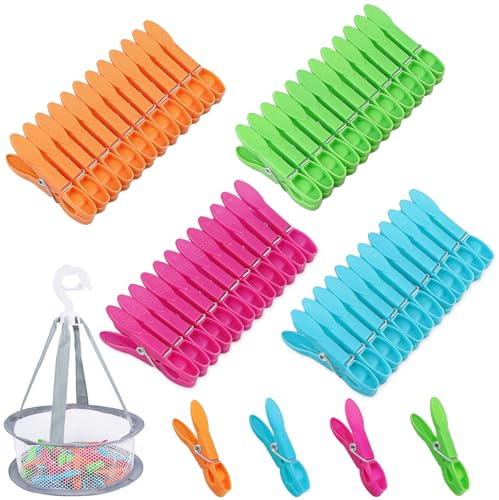 Pinzas para la ropa con cesta, 48 unidades pequeñas con bolsa, pinzas para la ropa sin impresión, resistentes al viento para tendederos y perchas