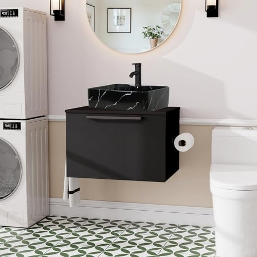 YU YUSING Ensemble de Meubles de Salle de Bain Rangement 60cm avec Miroir et Lavabo, 2 Étagères, Armoire Rangement 1 Porte, Meuble sous Lavabo Suspendu, Vasque à Poser, Ensemble Robinets (Noir)