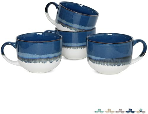 Bosmarlin Ceramic Coffee Mug Set of 4, 16 Oz, Jumbo Latte Mugs, Dishwasher and Microwave, Unique Reactive Glaze (Deep Blue, 16 Oz)