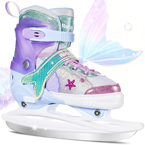 Mermaid Tail Girls Ice Skates, Adjustable Ice Skates for Kids Youth Ages 3-12, Toddler Ice Hockey Skates for Beginners, Warm and Comfortable Lining Ice Skating Shoes for Outdoor and Rink (Small, Blue)