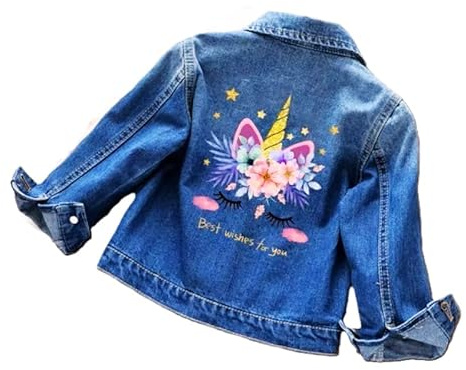 OrJana Giacca di Jeans per Bambina con Unicorno, Blu Denim, Decorata con Fiori e Stelle, Design Magico con Ricami Arcobaleno