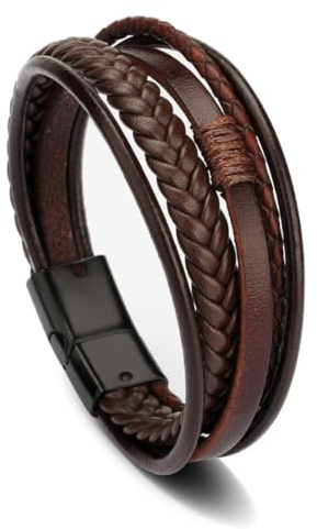 Pulsera clásica de cuero UIEXAY para hombre, de cuero trenzado multicapa, de acero inoxidable con cierre magnético (marrón, 23 cm)