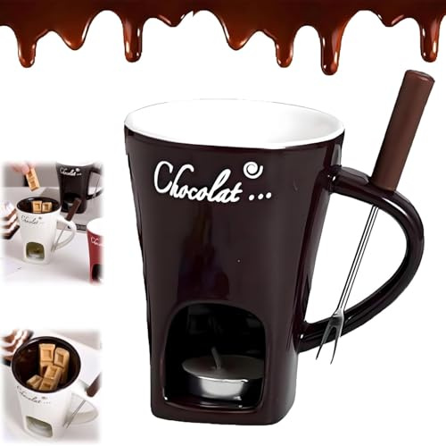 Explcior Meltie Cup, Meltiecup, Chocolate Fondue Mug Set with Fork, Ceramic Mini Sweet Chocolate Melting Cup Set for Cheese, Great for Camping/Date/Movie Night/Birthday/Wedding Gifts(Black)