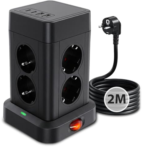 Aigostar Torre Regleta Enchufes Vertical 8 Tomas, Alargador 2M, 2 USB C + 2 USB A, Regreltas Vertical con Interruptor, Protección Sobretensiones, 3680W – Negro para Casa Oficina Dormitorio
