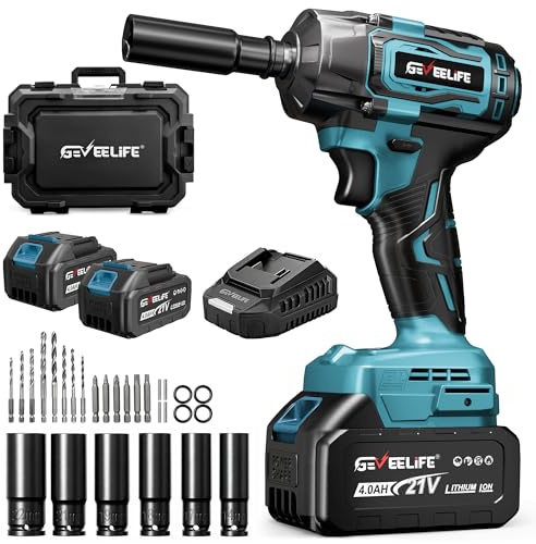 GEVEELIFE Impact Wrench 520Ft-lbs(700N.m) Brushless, 1/2 Impact Gun with 2x4.0Ah Battery, Cordless Impact Wrench, 6 Sockets, 8 Drill Bits, 3300RPM Power Electric Impact Driver for Car/DIY Furniture