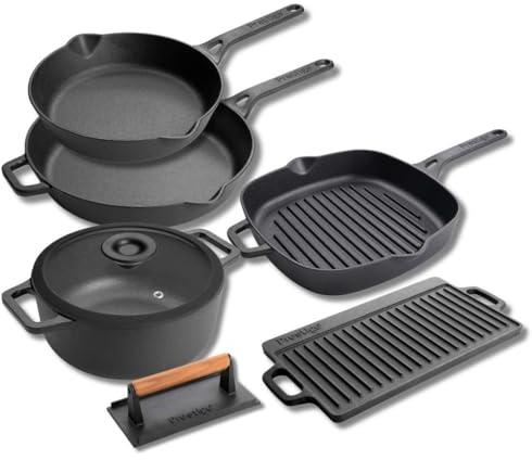 Prestige Cast Iron Cookware Set – 6 Piece, Burger Press, Small & Medium Frying Pans, Grill Pan, Griddle Pan, Casserole Dish, Pre-Seasoned, Non-Toxic, Induction & Oven Safe, Easy Clean