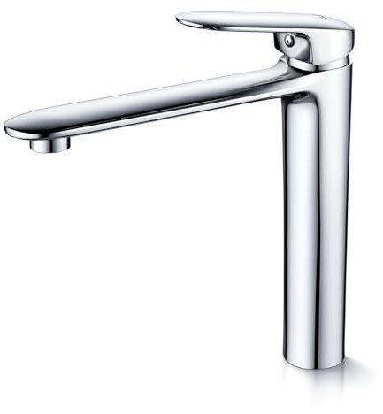 MayCon LINEA Mitigeur Lavabo Haut pour Vasque à Poser, Robinet Salle de Bain Chromé en Laiton Massif, H 24,97 cm, Cartouche Céramique, Jet Aéré Anti-éclaboussures, Flexibles G3/8, Garantie 5 Ans