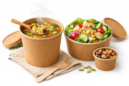 Sanjoma Chemical Solutions Soperas Kraft Desechables Biodegradables, Sin Plástico, Compostables, Tamaños Variados con Tapas Opcionales para Sopa, Take-Away, Catering (50, 960 ml)