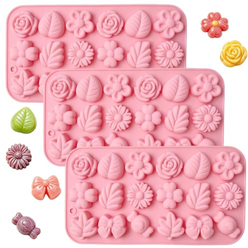 3 Stück Blumen Eiswürfelform, Gummibärchen Form, Pralinenform Silikon, Silikon Backform in Form von Blumen, Blättern, Schleifen und Bonbons für DIY Gummibärchen, Eiswürfel, Schokolade, Bonbons, Gelee