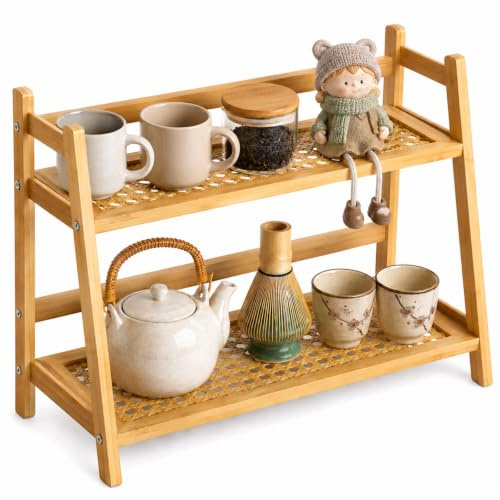 JJZENKD Kaffeestation Organizer, 2 Tier Bambus Regal, Geflecht-Optik, Tassenregal für Küche Küche, Haushalt & Büro, Tassenregal für Kaffeezubehör & Gewürze