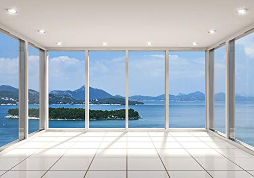 decomonkey Fototapete Fenster zum Meer 400x280 cm XXL Design Tapete Fototapeten Vlies Tapeten Vliestapete Wandtapete moderne Wand Schlafzimmer Wohnzimmer Landschaft Natur Fensterblick