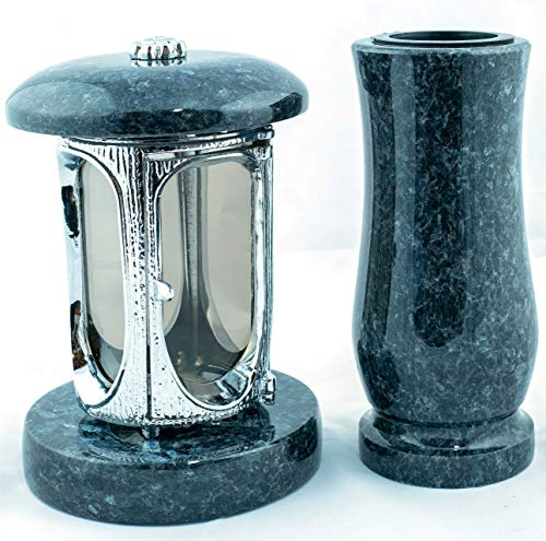 designgrab Lampe funéraire en aluminium chromé et vase funéraire taille moyenne en granit Labrador Blue Pearl BP