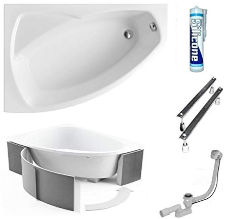 ECOLAM® Badewanne Eckbadewanne Acryl Frida Polimat weiß 140x80 cm LINKS + Wannenträger Ablaufgarnitur Ab- und Überlauf Automatik Füße Silikon Komplett-Set