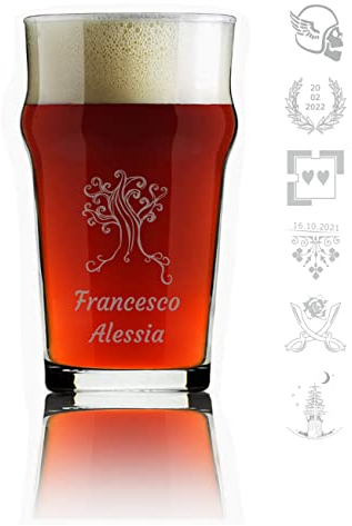 Generico MASTERLASER3.0 Bicchiere da Birra Personalizzato Pinta Vetro 570 ml Inciso a laser Personalizzabile con Nomi, Data, Design e Caratteri Diversi. Quantità (2)