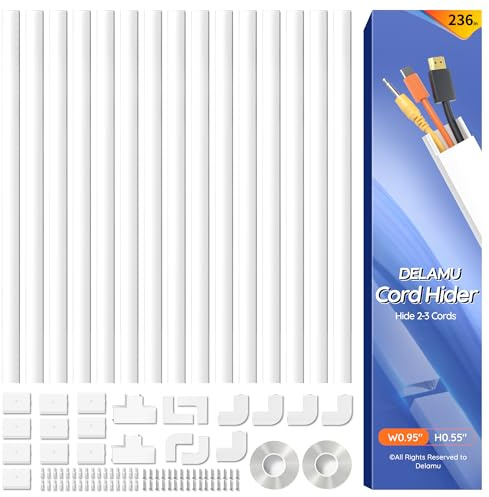 Delamu Canaleta de cable eléctrico, cubierta de cable 4M para pared, canaleta de cable autoadhesiva, gestión de cables para ocultar 2-3 cables de alimentación en el hogar, 15X L400mm, W30mm, H17mm