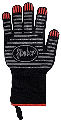 Steuber Premium Line Grillhandschuh extra langer Bund, bis 250°C, Universal-Größe, Baumwolle/Polyester mit Silikon-Antihaft-Streifen, schwarz