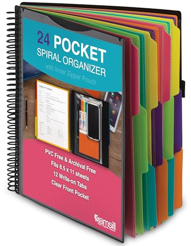 Samsill Spiral Folder Organizer - 12 Dividers & 24 Pockets with Zipper Pouch, Multi Pocket Color Cordinated Folder Binder with Customizable Tabs, Document Organizer (Fashion)