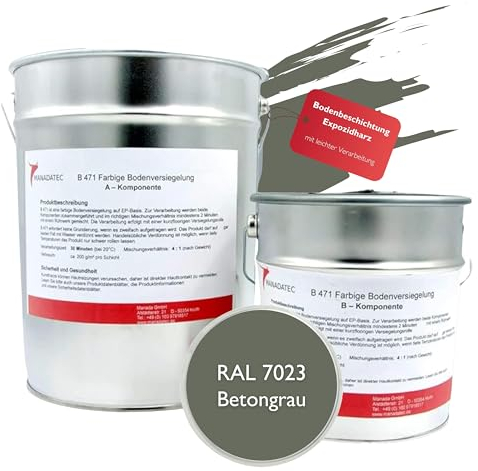 MANADATEC 2k Epoxidharz Bodenbeschichtung 10kg I RAL 7023 Betongrau I Lösemittelfrei, Umweltfreundlich & Geruchsneutral I Beschichtung für Garagen- & Kellerböden I Hohe Schlagfestigkeit