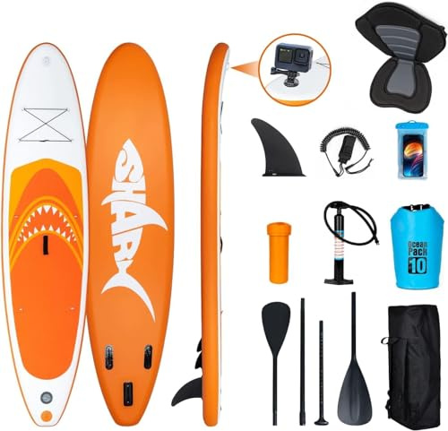 ARTETHYS Aufblasbares Stand Up Paddling Board,Premium SUP Board Set, 11 Fuß Rutschfestes Surfboard Max 150kg, 6,5 Zoll Dick, Kajak Sitz, Komplettes Zubehör, Doppelköpfiges Paddel（Orange）