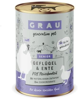 GRAU – das Original – Nassfutter für Hunde - Senior - Geflügel & Ente, 6er Pack (6 x 400 g), getreidefrei, für Sensible ältere Hunde