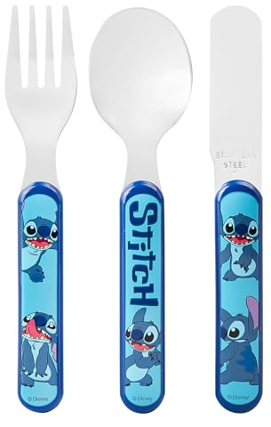 Stitch 3 Piece Cutlery Set - Metal, Reusable Children's Knife, Fork & Spoon, Kids-Size, Made from Food-Safe Stainless Steel & ABS Plastic - for 36 Months & Up