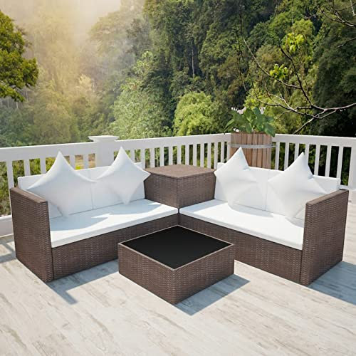 Homgoday Gartenmöbel Set 4-TLG. Garten Lounge Set Gartensofa mit Auflagen Lounge Sitzgruppe mit Tisch Loungemöbel Sitzgruppe Essgruppe Gartengarnitur Poly Rattan Braun