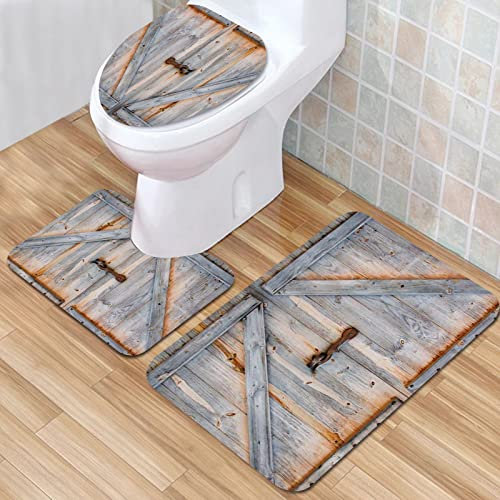 IUBBKI Badezimmermatte, Badezimmer-Anti-Rutsch-Matte, rustikale Holzscheunentür, Westernhaus, Holz, Kabinenbrett, Pla, Badematten-Set, 3-teilig, saugfähig, rutschfest, Badematte, WC-Vorleger,