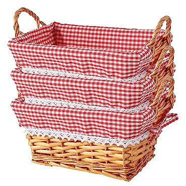 Wickerfield 3PCS Rectangle Traditional Wicker Bread Basket With Handles, Red Gingham Liner, Kitchen Storage, Trade Countertop, Gift