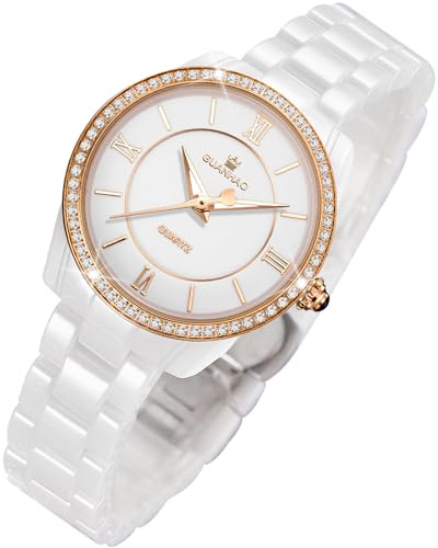 GUANHAO Damen Uhren Rose Gold Diamant Klassisch Elegantes Kleid Damen Keramik Armbanduhr Wasserdicht Weißes Zifferblatt Quarz Uhrwerk 32mm Durchmesser