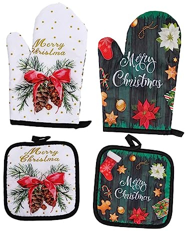 HOMSFOU 2 Sets Insulated Gloves for Kitchen Oven Xmas Heat Resisting Christmas Glove Including Xmas Oven Mitt and Table Cushion