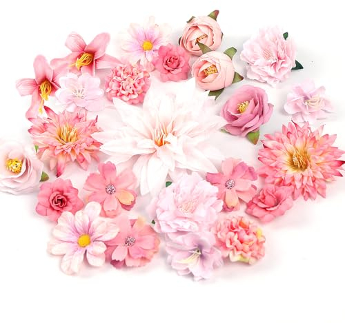 LARDUX 24 PCS Artificial Flower Heads-Craft Fake flower Decoration Mini Silk Pink Flower Heads Bulk Mix for DIY Wedding Party Hair Accessory Scrapbooking Home Decor