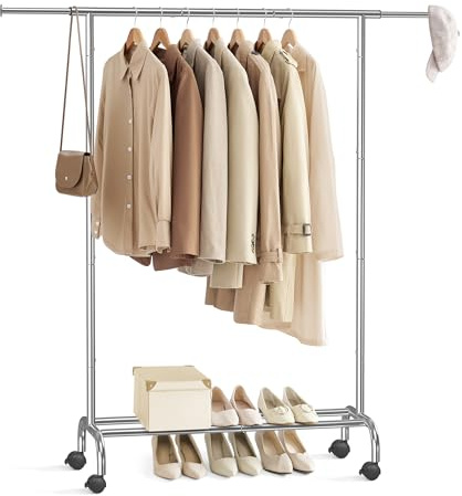 SONGMICS Klädskena, klädställ, utdragbar hängande skena, klädförvaring med hjul, 45 kg totalt max. Belastning, 40 x (83-120) x 156 cm, Silver HSR134E01
