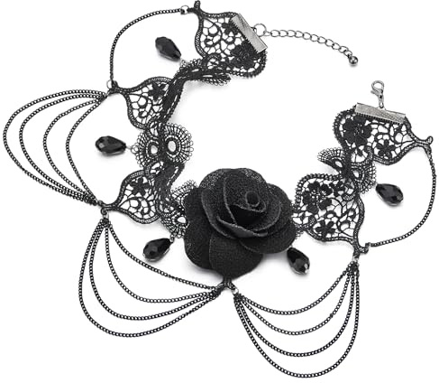 COOLSTEELANDBEYOND Gothique Victorien Nostalgique Choker Collier Femme Noir Rose Fleur Dentelle avec Chaîne et Perle Charm