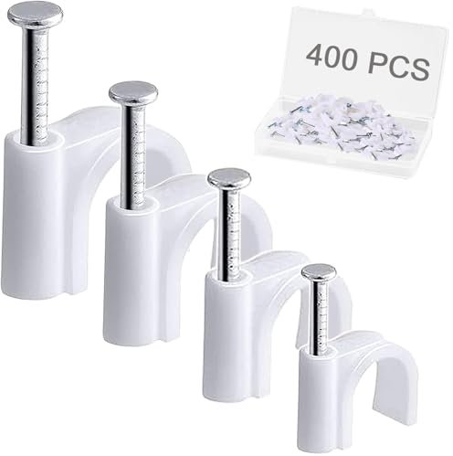 400pcs Cable Nail Clips with Storage Box, 4 Size(4mm 6mm 8mm 10mm) Durable Round Nails Cable Clips, Wire Tidy Clips Pins Cable Tacks for Ethernet, Electrical Cables, Wires