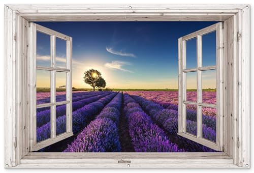 MuchoWow© Gartenposter Groß XXL Outdoor Bilder Gartendeko für draußen | 180x120 cm - Wetterfest Garten Deko Banner Sichtschutzmatte Bild Fensterblick - Lavendel - Baum - Fenster