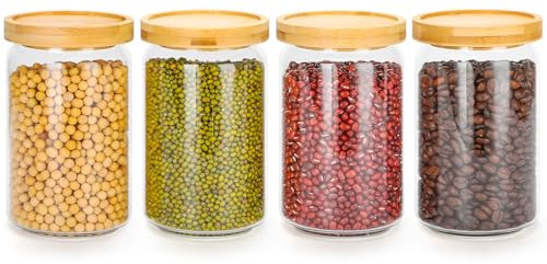 Otauoaea Barattoli Vetro con Coperchio - Set di 4 700ml Contenitori Pasta Vetro - Barattoli Cucina con Coperchio in Bambù Scanalato - Impilabile Stabile - Barattoli Vetro Ermetici