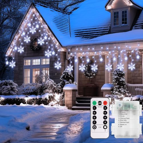 Christmas Window Lights Battery 12 Snowflake Curtain Lights for Wall Porch
