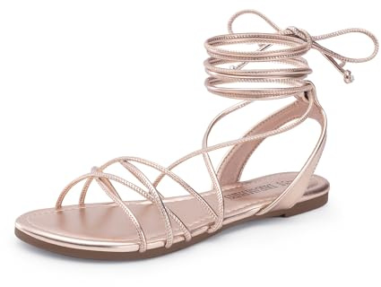 DREAM PAIRS Lace-up Gladiator Sandals Strappy Dressy Summer Flat Sandals for Women,Size 10,Rose Gold-Pu,SDFS2408W