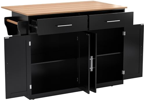 Carrello per servire con tavolo pieghevole, 120 x 46 (70) x 91 cm, utensili da cucina, isola mobile con ruote e gambe in legno intercambiabili, ideale per cucina e sala da pranzo (nero)