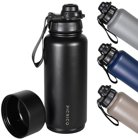 Picnico - Gourde en acier inoxydable 1 l avec espace de rangement (sans BPA, isolée, anti-fuite) noire - Bouteille isotherme pour garder le froid pendant 24 heures et au chaud pendant 12 heures