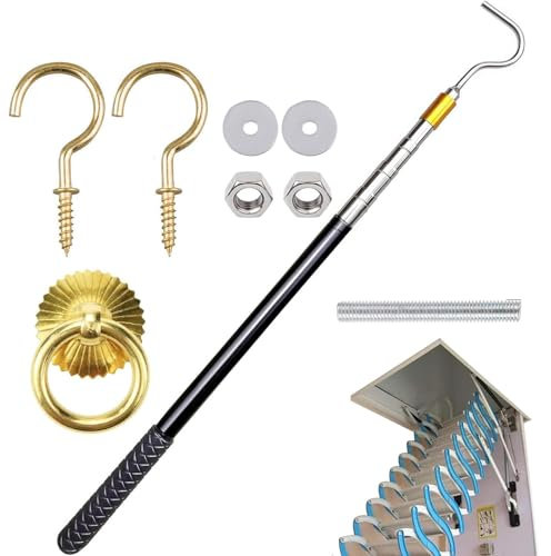 Ladder Pull Down System Kit, Loft Pull System Hook Set, Loft Pull Out Hook Parts Set, Extension Pole And Copper Storage Hooks, 56-164cm Extension Pole And Copper Storage Hook For Cord Ropes For Home