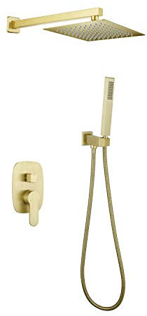 PUFAHAU Shower Faucet System Set Brass Brushed Gold Wall Mounted Rainfall Shower System with 10-12 Rain Square Shower Head Bathroom Shower Taps Kit,12 inch (5 12 Inch)
