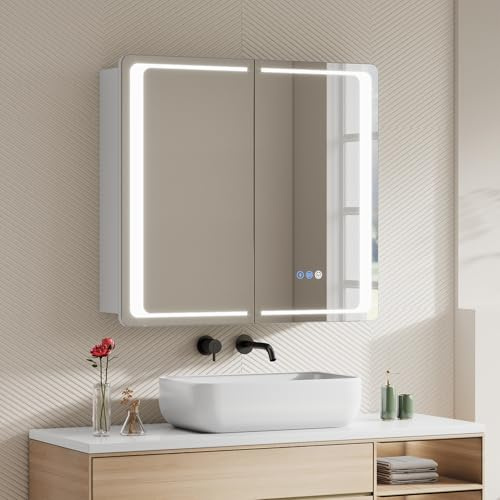 Warmiehomy Bluetooth LED-Badezimmerschrank 65x60 cm Spiegelschrank Bad mit Beleuchtung, Smart Touch-Dimmer mit 3 Lichtfarben einstellbar, Steckdose - Weiß, 2-türiges